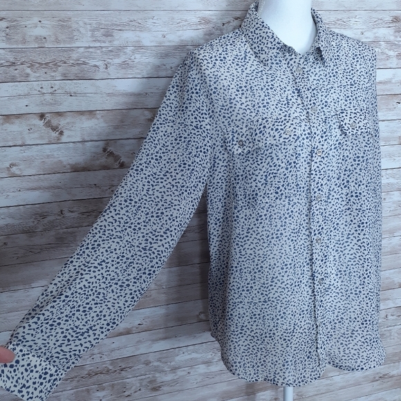 Mango Button Up Blouse Beige Blue L Sheer 234 - Picture 2 of 5